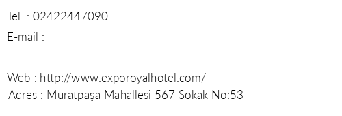 Exporoyal Hotel telefon numaralar, faks, e-mail, posta adresi ve iletiim bilgileri